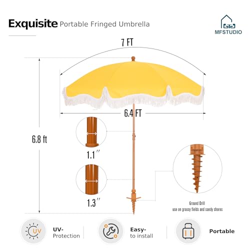 7ft Beach Umbrella with Fringe, UPF50+, Carry Bag V462