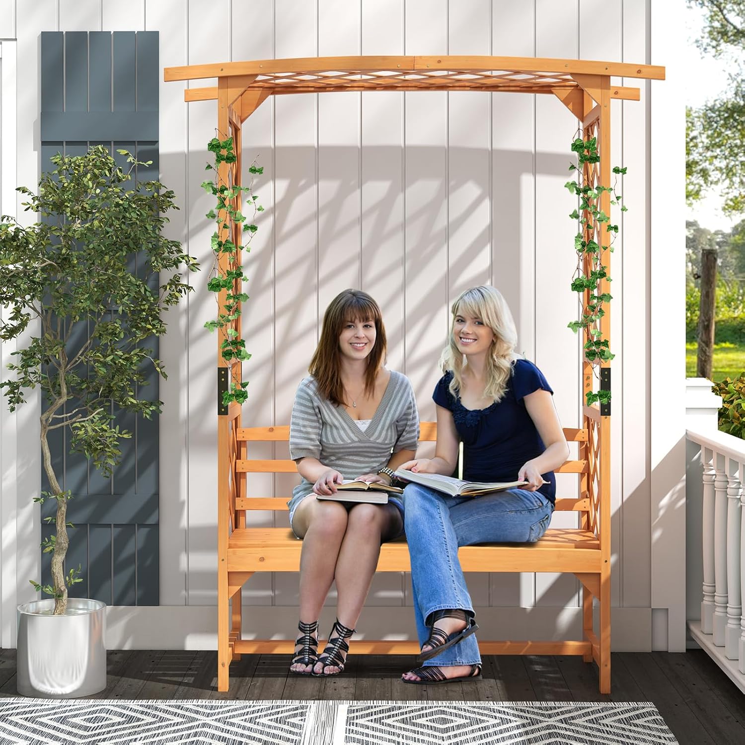 Wooden Garden Arbor with Bench F48415