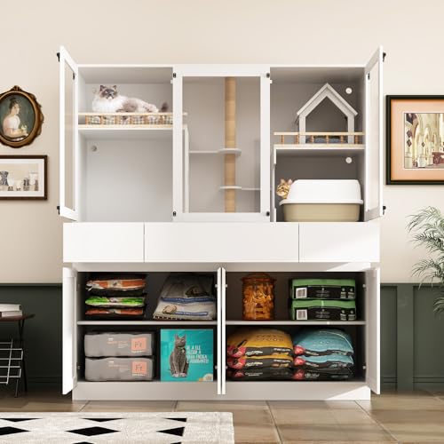 White Cat Litter Box Enclosure with Scratch Post, Stairs, Storage Drawers, Shelves, Sisal Doors S139254