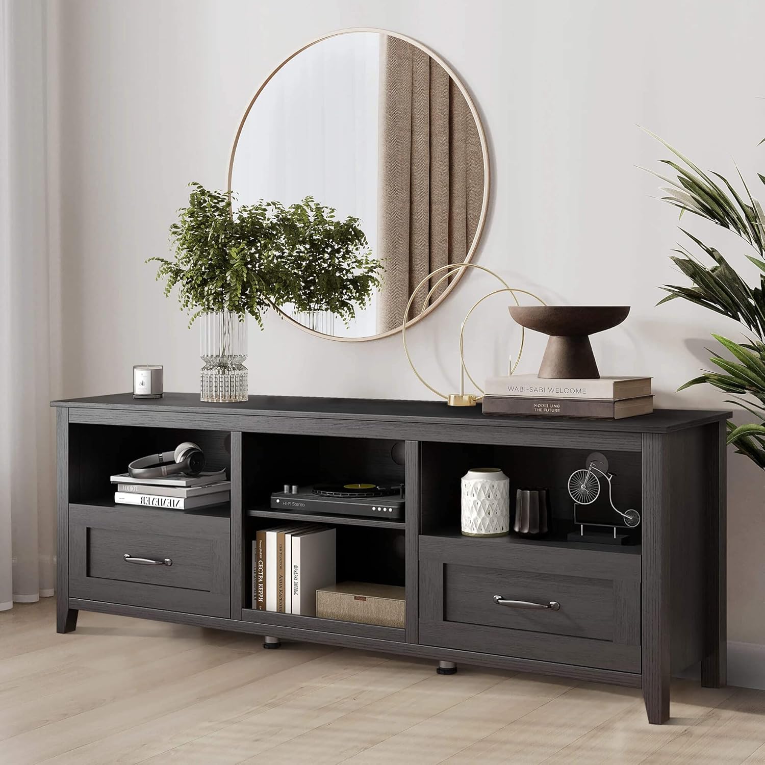Black 70 inch TV Stand with Drawers Wood Storage Cabinet V7206