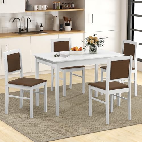 5-Piece Rectangular Dining Table Set with 4 Chairs, Solid Wood Legs, Padded Seat & Backrest, White K50368