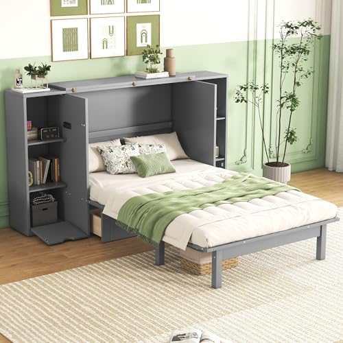 Queen Size Murphy Bed with Storage 2 Drawers and Shelves H65523