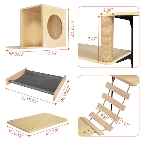 25-Piece Wall-Mounted Cat Climber Set with Cat Shelves, House, Platform, Bridge, Hammock & Scratching Board (Burlywood) H843