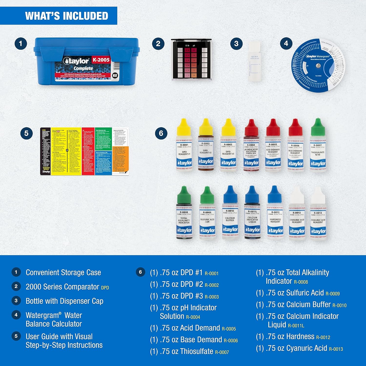 Taylor K2005 High Range Swimming Pool Total and Free Chlorine Bromine Alkalinity Calcium Hardness Base and Acid Demand pH DP Test Kit E9644