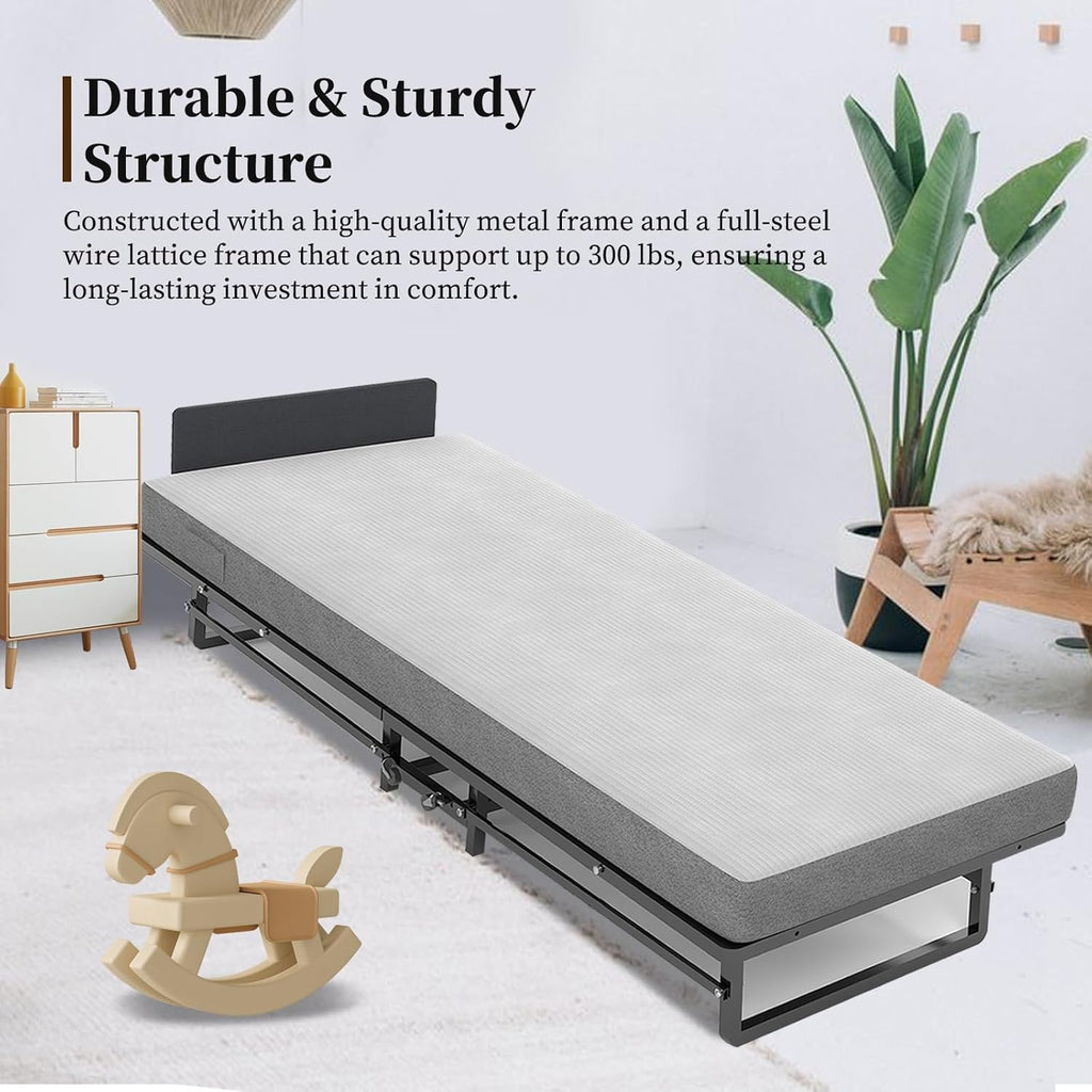 Folding Bed with 4-Inch Mattress, Metal Cot Size Rollaway Bed on Wheels G28732