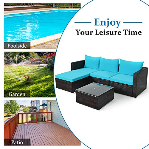 5 Piece Outdoor Patio Furniture Set with Glass Top Coffee Table (Turquoise) S186