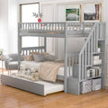 Solid Wood Twin Over Twin Bunk Bed with Trundle and Staircase Gray S657