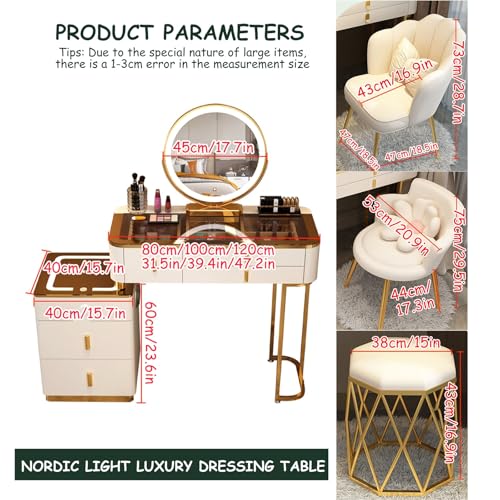 Vanity Mirror with Lights and Desk, Round 3-Colors Lights, with Cushioned Stool, with 2 Drawers and Storage Shelves, Glass Table Top Y830916
