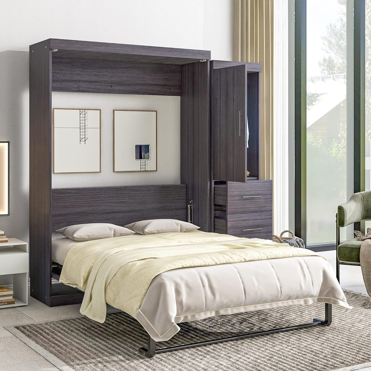 Full Size Wood Murphy Bed with Wardrobe and Drawers F173