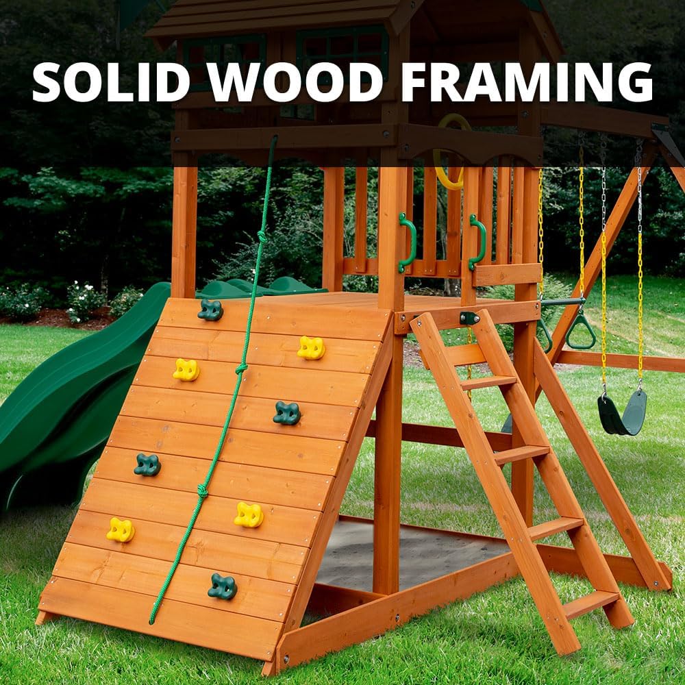 Oversized Green Vinyl Canopy Wooden Swing Set with Climbing Wall, Ladder, Swings and Slide A6830