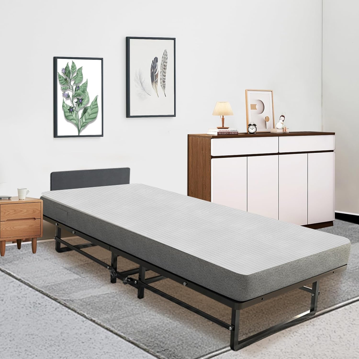 Folding Bed with 4-Inch Mattress, Metal Cot Size Rollaway Bed on Wheels G28732