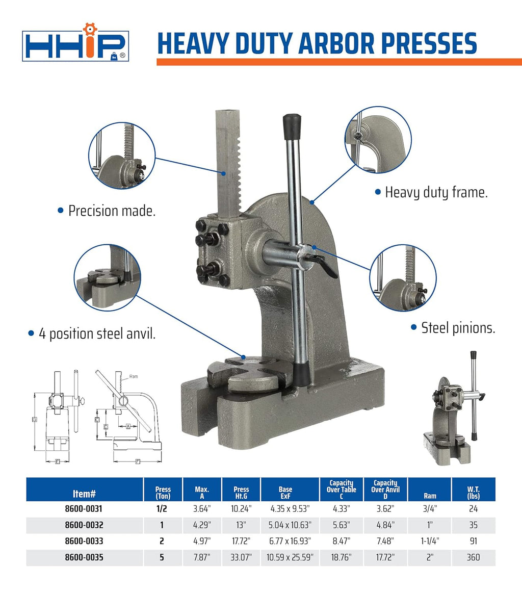 Heavy Duty Arbor Press, .5 Ton Capacity, 10 Height T2377