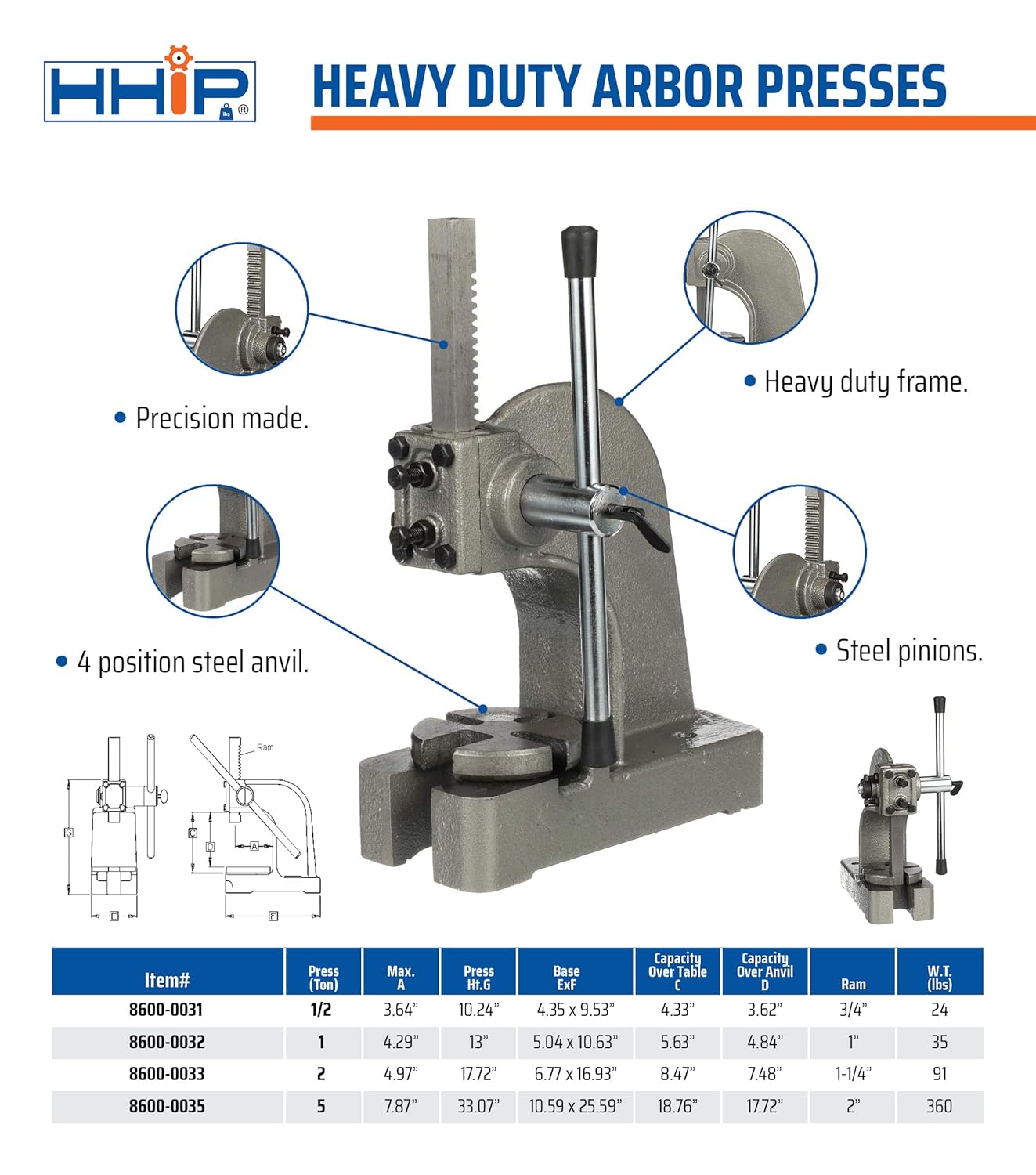 Heavy Duty Arbor Press, .5 Ton Capacity, 10 Height T2377