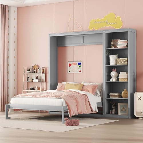 Full Size Murphy Bed with Storage Shelves, Drawers and LED Lights, White T7488