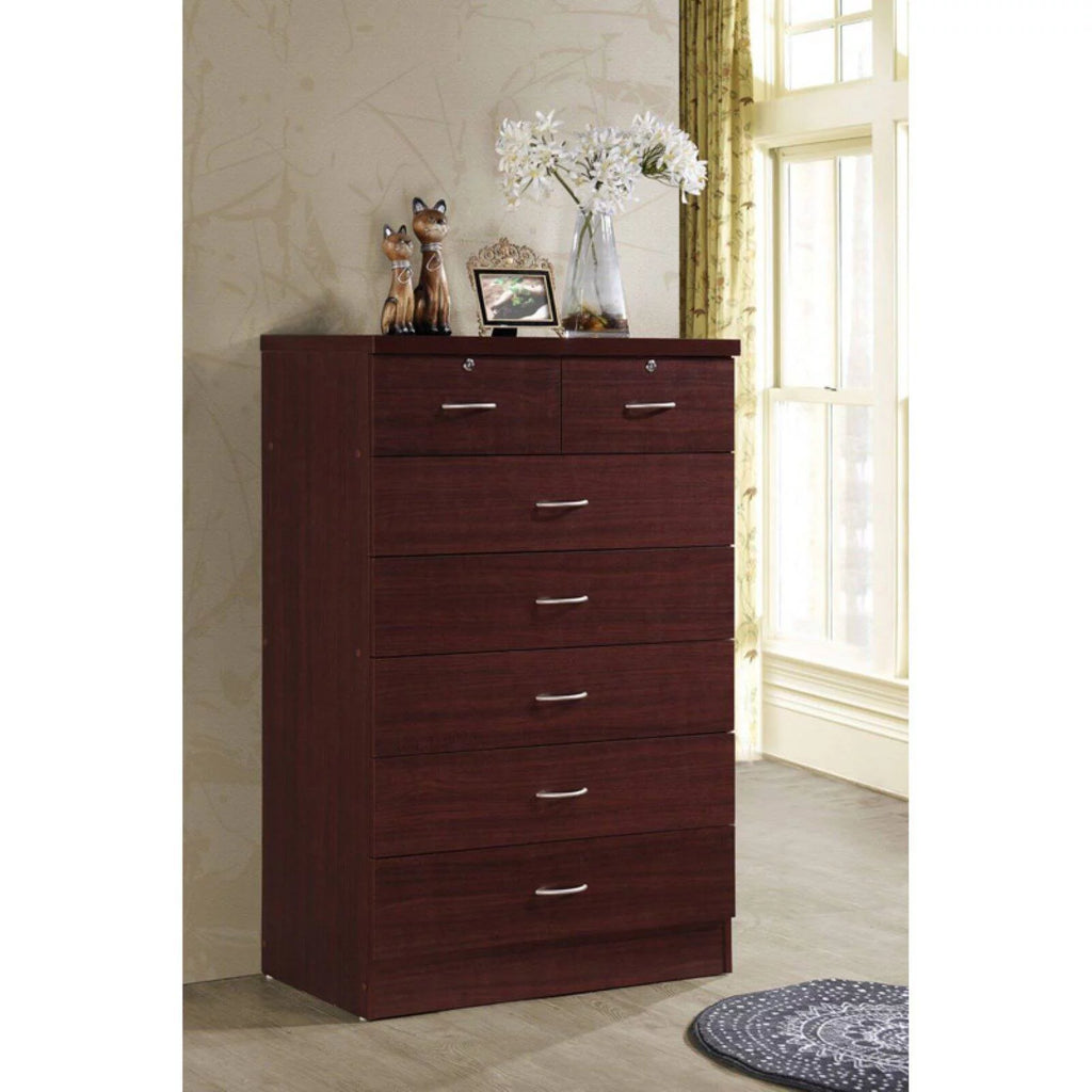 7 Drawer Wooden Dresser Chest with 2 Top Locks, Cherry Q1265