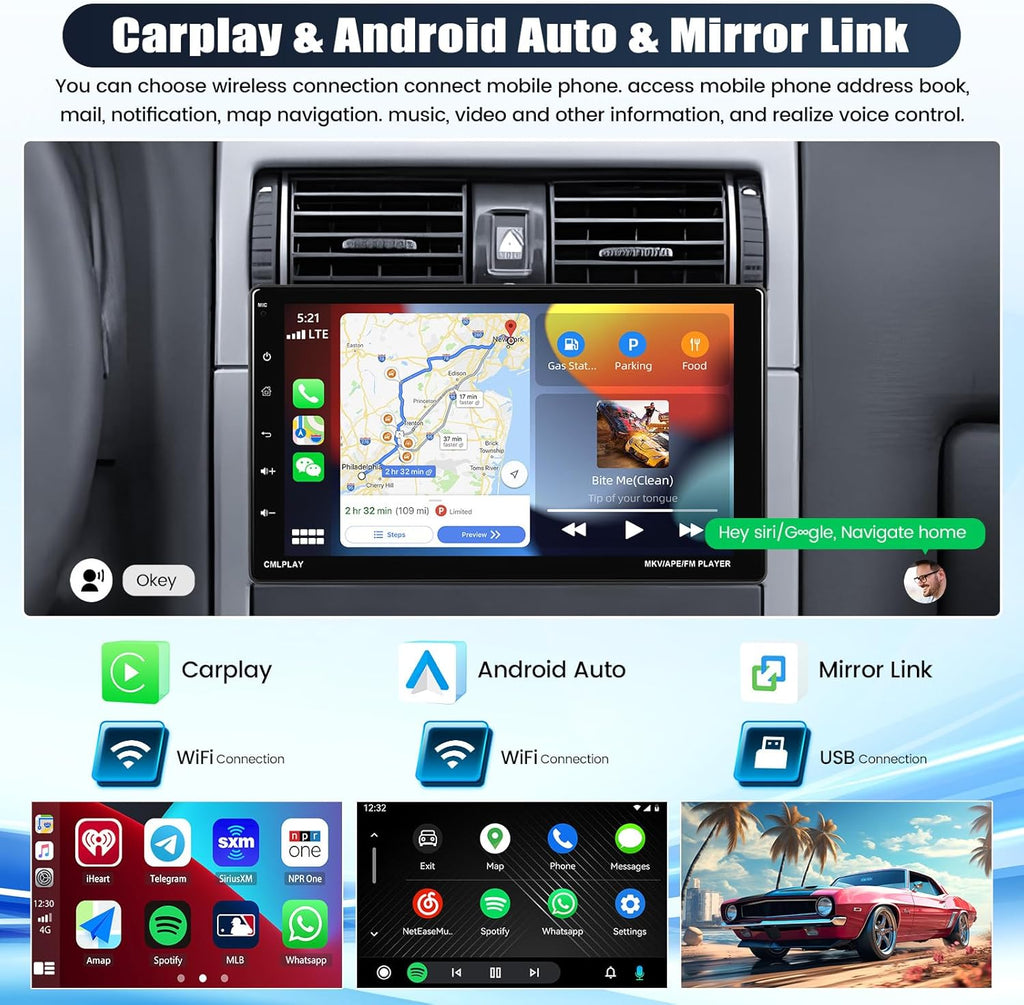 9 Inch Rotatable Touch Screen Single Din Car Stereo with Wireless Apple Carplay Android Auto Bluetooth Backup Camera X787