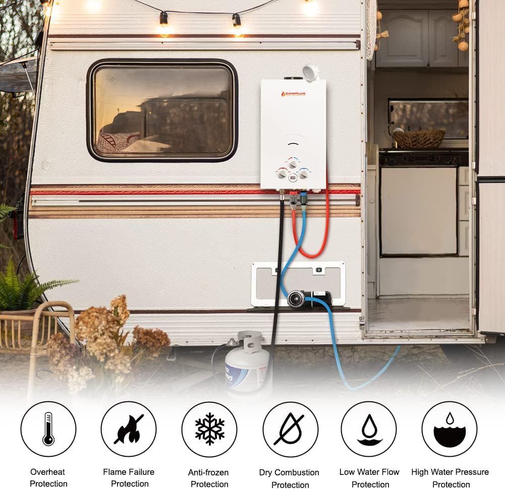 Camplux Propane Portable Tankless Water Heater Outdoor 2.64 GPM Instant Hot Camping Showers with 3.3 GPM Water Pump & Pipe Strainer K456