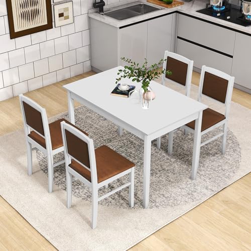 5-Piece Rectangular Dining Table Set with 4 Chairs, Solid Wood Legs, Padded Seat & Backrest, White K50368