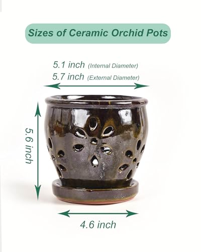 Olive Green 5 Inch Ceramic Orchid Pots with Holes and Saucers H8055