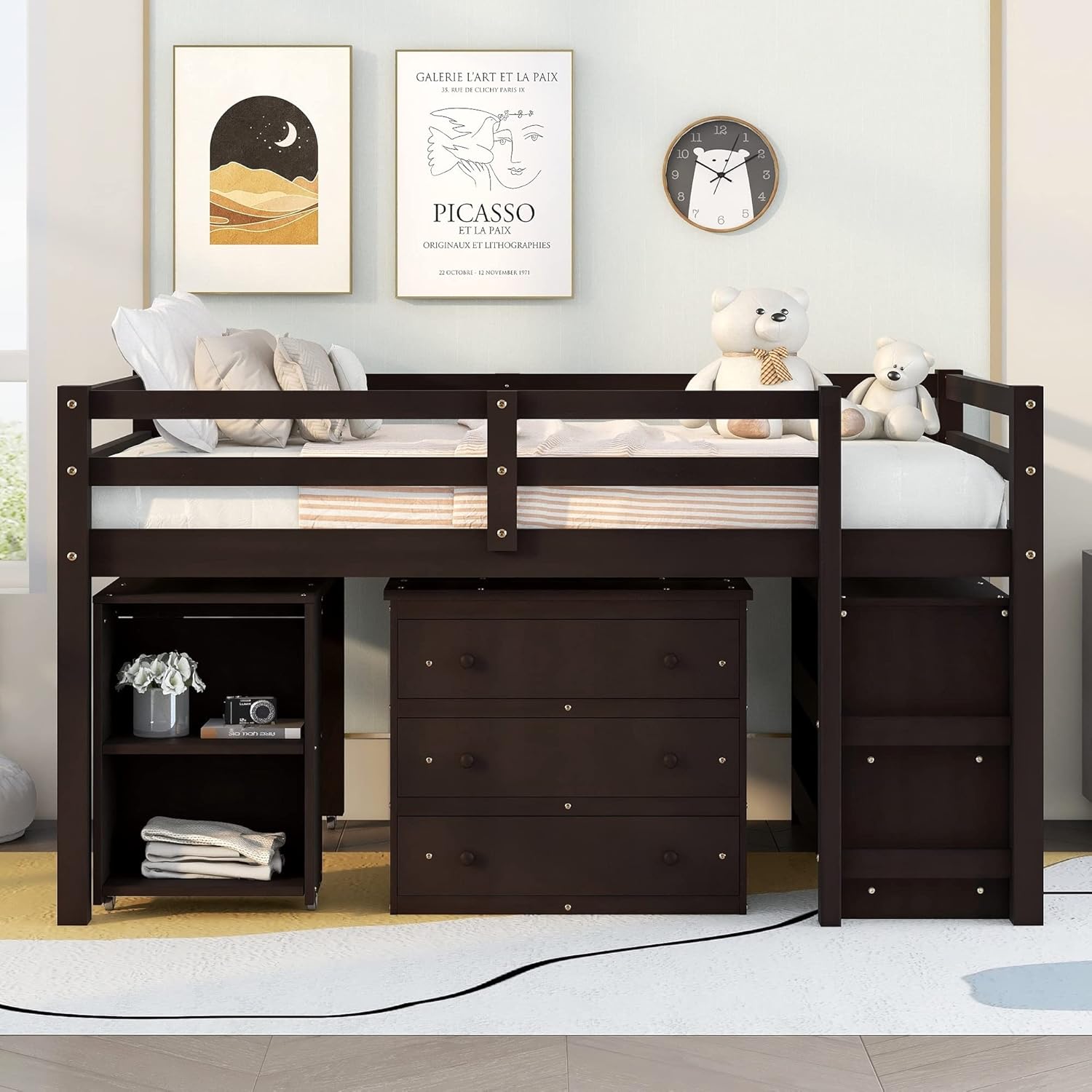 Full Size Low Loft Bed Wood with Storage Cabinet Desk Brown F32576