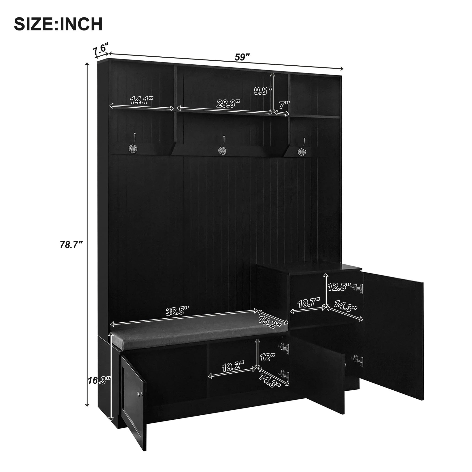 Black 4-in-1 Hall Tree with Bench and Shoe Storage L9949