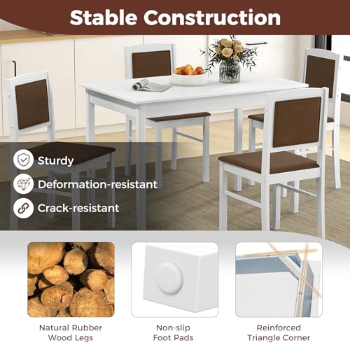 5-Piece Rectangular Dining Table Set with 4 Chairs, Solid Wood Legs, Padded Seat & Backrest, White K50368