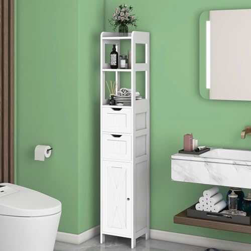 White Freestanding Tall Bathroom Cabinet with Door and Adjustable Shelf and 2 Drawers X41692