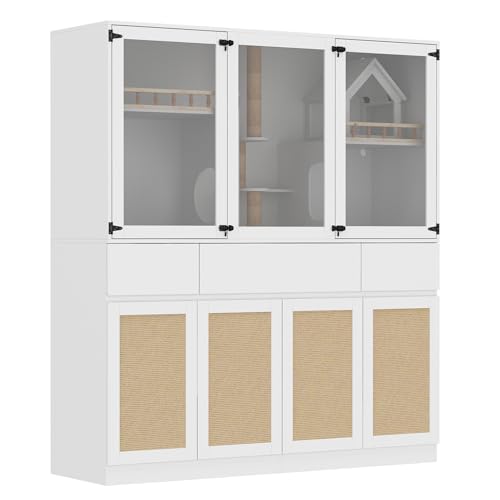 White Cat Litter Box Enclosure with Scratch Post, Stairs, Storage Drawers, Shelves, Sisal Doors S139254