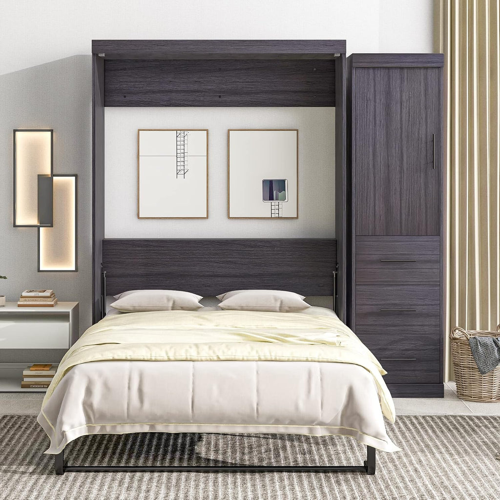 Full Size Wood Murphy Bed with Wardrobe and Drawers F173