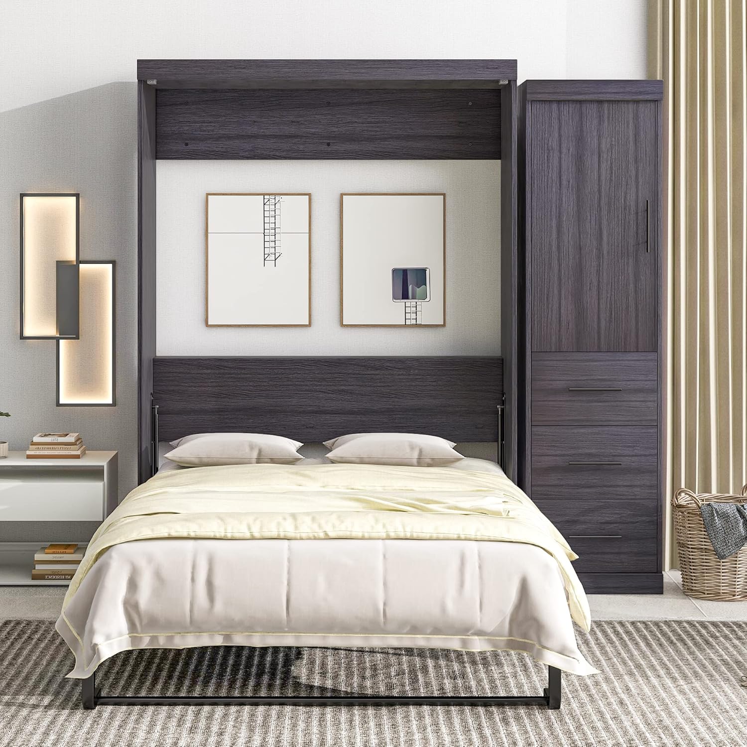 Full Size Wood Murphy Bed with Wardrobe and Drawers F173