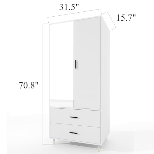 White 2 Door 2 Drawer Armoire Wardrobe with Hanging Rod and Mirror Z930