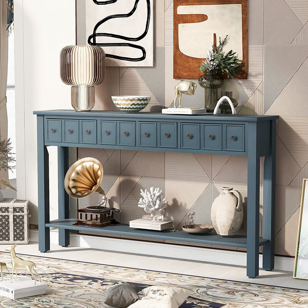 Navy 60" Console Table with 2 Drawers and Bottom Shelf W18711