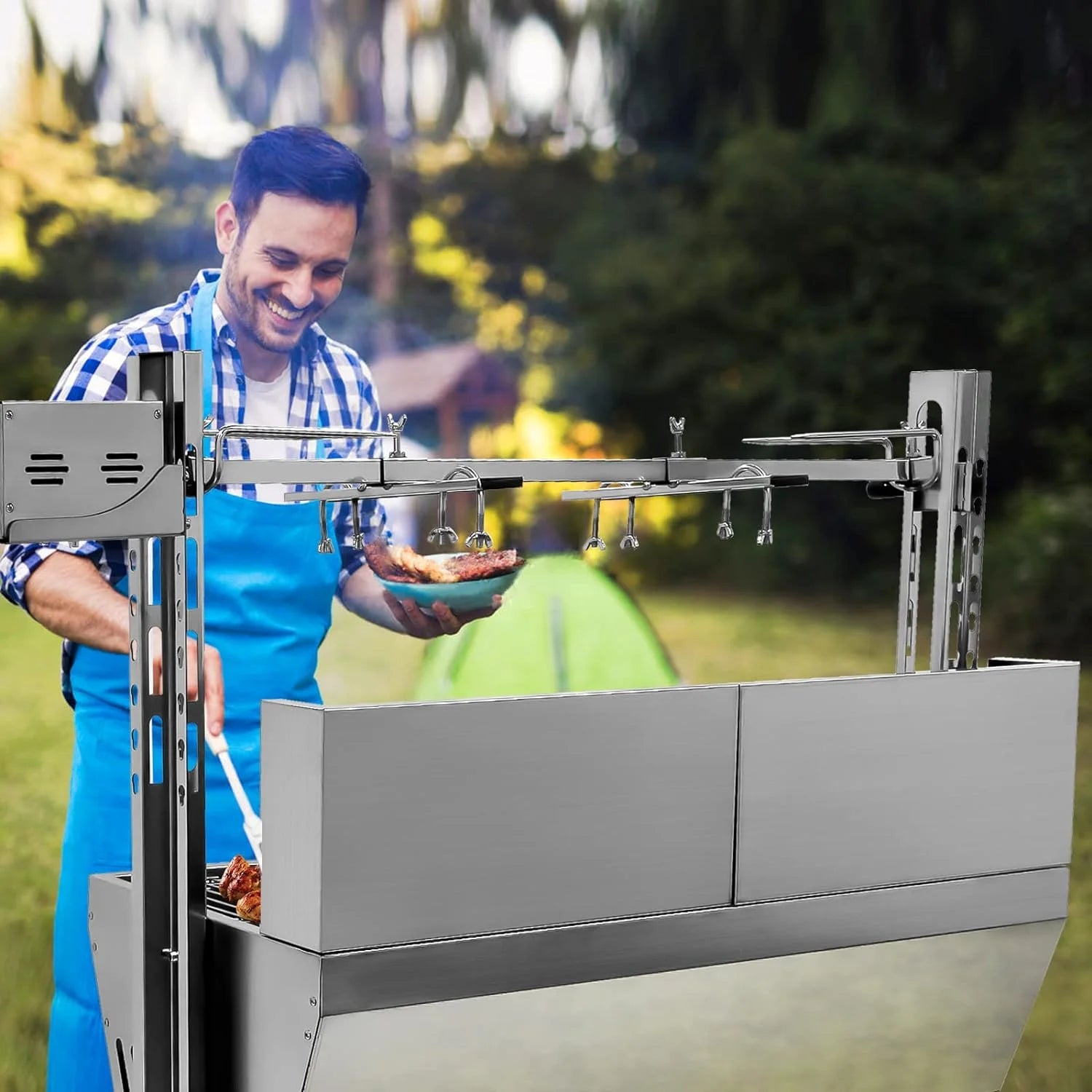 Stainless Steel Rotisserie Grill with Back Cover Guard, 25W Motor, 37'' 2 in 1 BBQ Charcoal Rotisserie Grill E78557