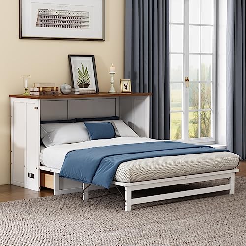 White Queen Size Murphy Bed Cabinet with Bookcase and Drawer Shelves M713580
