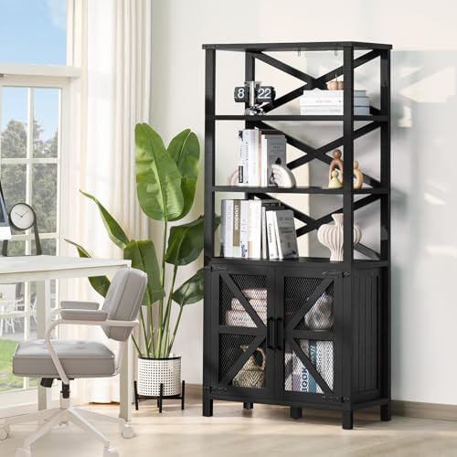 5 Tier 70" Tall Bookcase with Barn Doors and Adjustable Shelves, Blue (2PCS) K80103