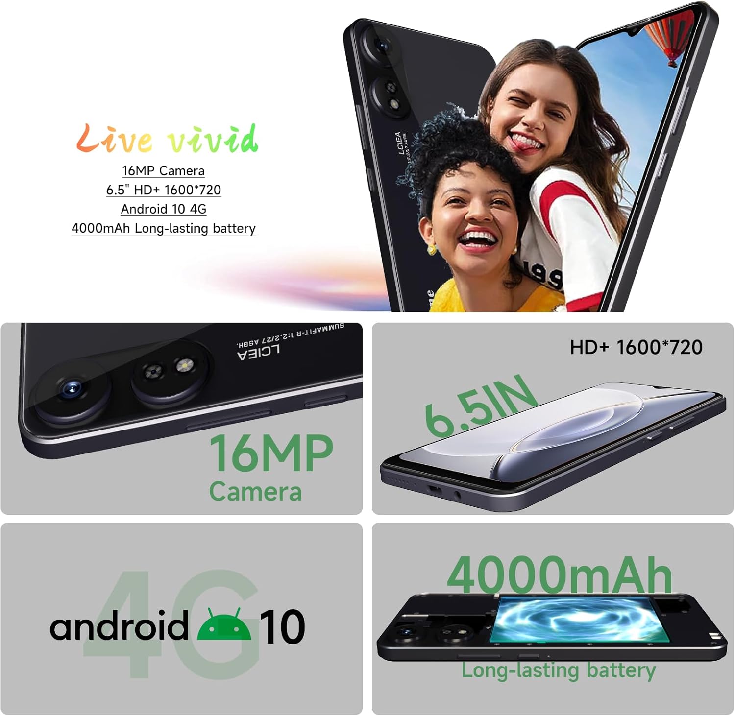 Unlocked 4G LTE Cell Phone 6.5” HD+ Screen 4000mAh Android 10 Smartphone 16MP Dual SIM Face Unlock Black J3837