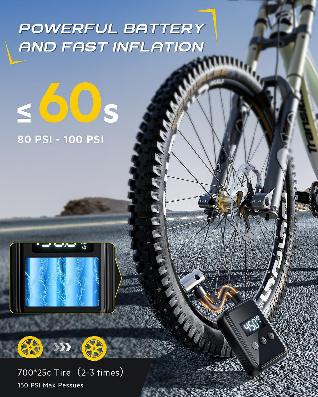 150PSI Portable Bicycle Tire Pump with Pressure Gauge LCD Display R998799