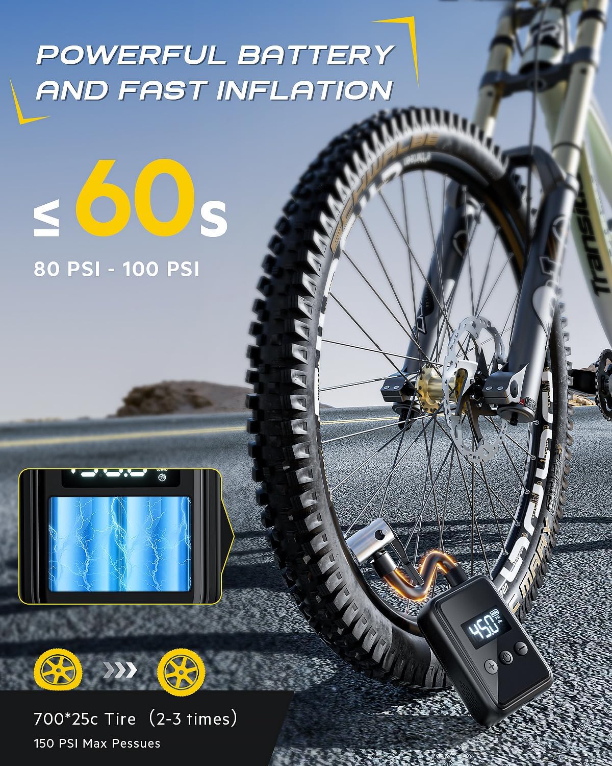 150PSI Portable Bicycle Tire Pump with Pressure Gauge LCD Display R998799