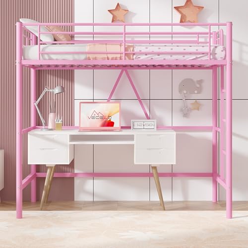 Pink Twin Size Metal Loft Bed with Ladder and Guardrail W43392