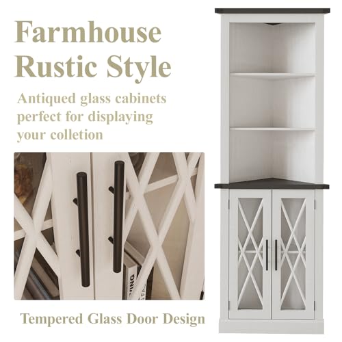 66.8" Tall Corner Cabinet with 2 Glass Doors, Adjustable Shelves, White Y47864