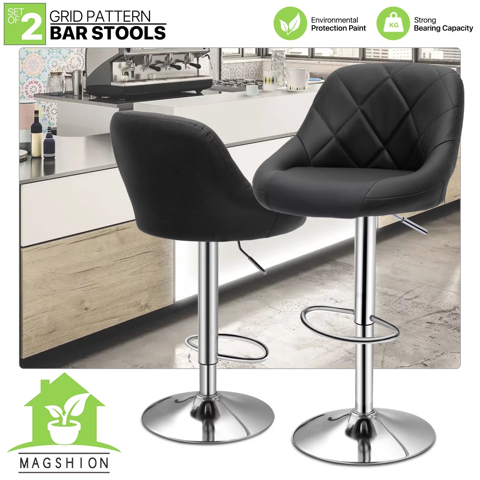 Set of 2 Faux Leather Adjustable Black Swivel Bar Stools with Backrest S460608