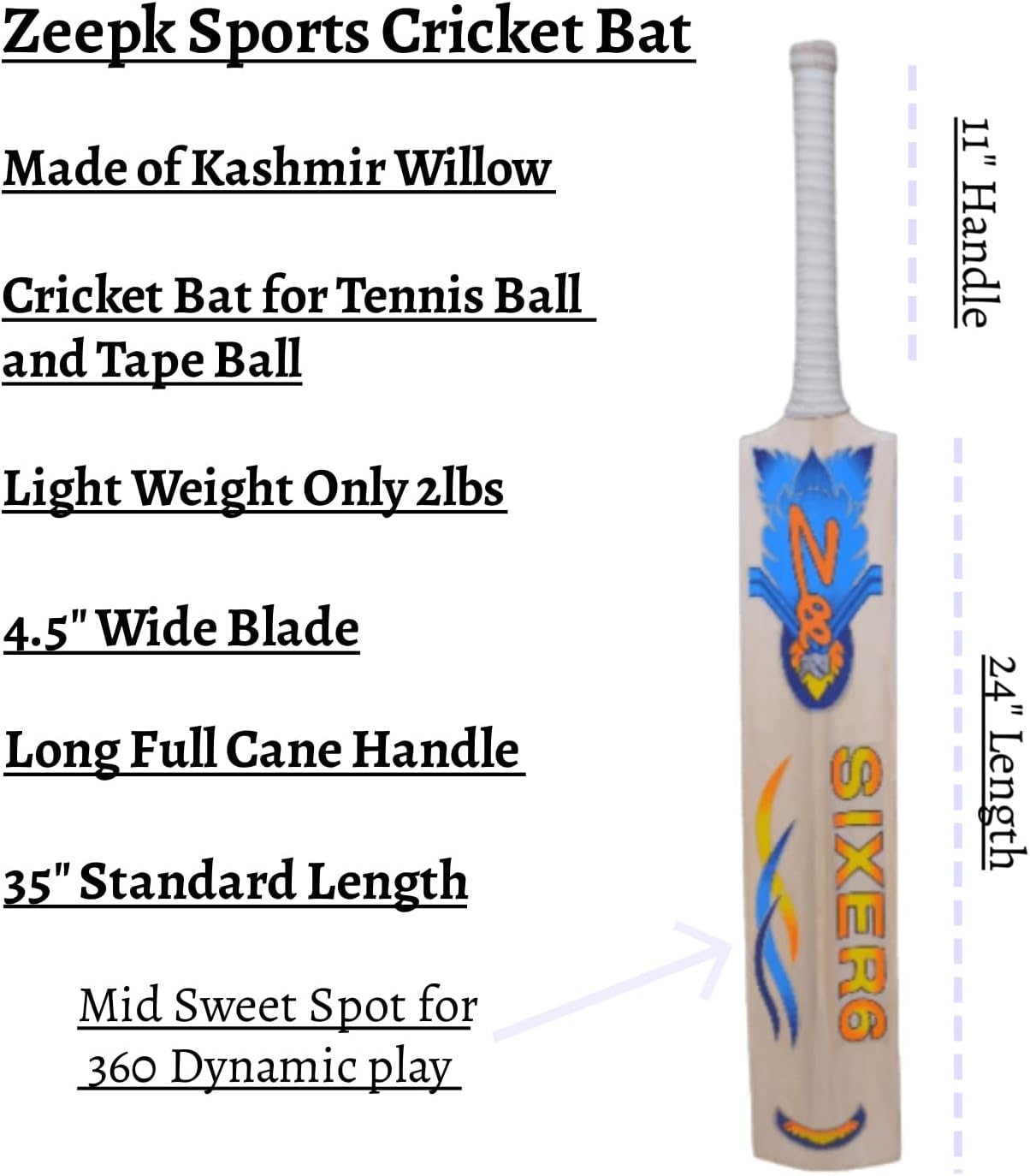 Full Size 4.5" Wide 35" Adult Full Cane Long Handle Kashmir Willow Cricket Bat C4690