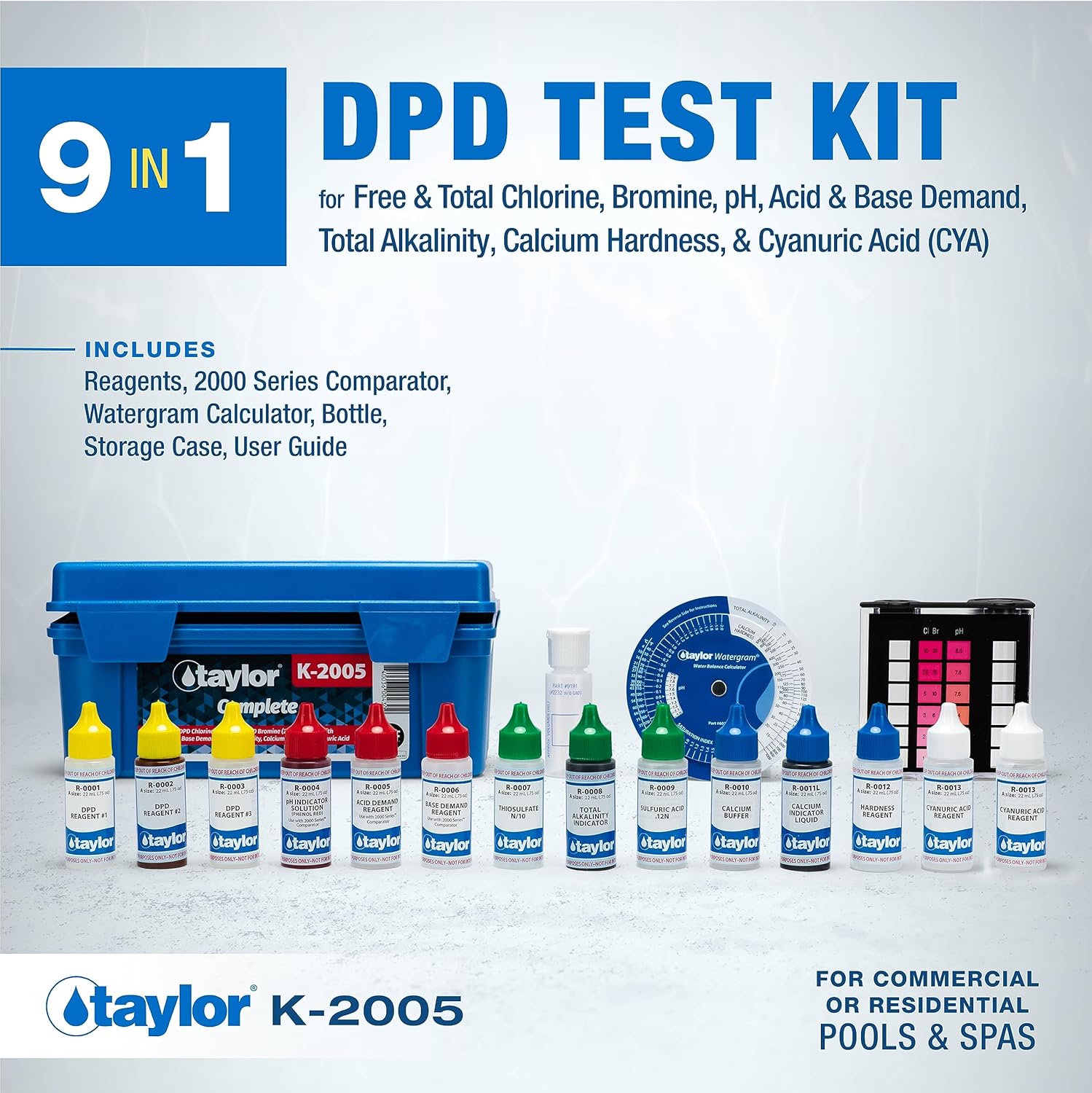 Taylor K2005 High Range Swimming Pool Total and Free Chlorine Bromine Alkalinity Calcium Hardness Base and Acid Demand pH DP Test Kit E9644