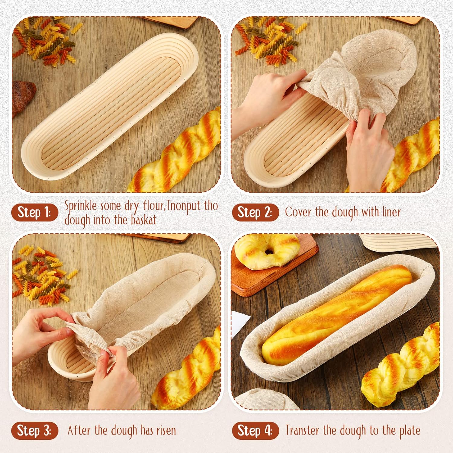 4 Pieces 13.8 Inch Oval Banneton Bread Proofing Basket with Liners T995951