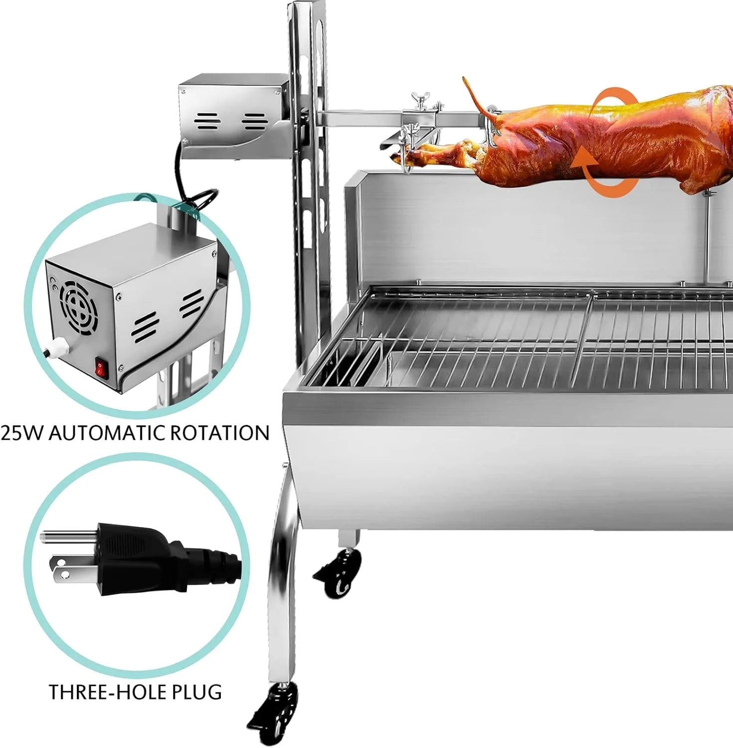 Stainless Steel Rotisserie Grill with Back Cover Guard, 25W Motor, 37'' 2 in 1 BBQ Charcoal Rotisserie Grill E78557