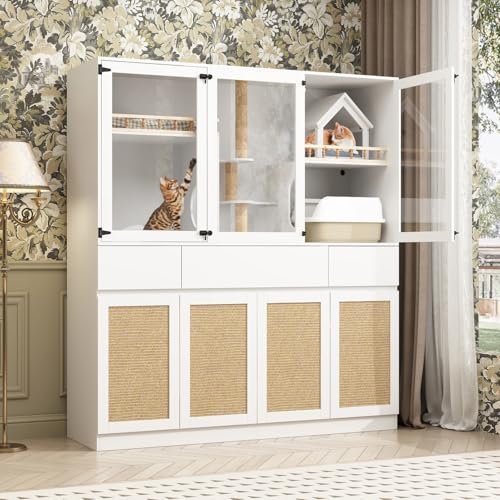 White Cat Litter Box Enclosure with Scratch Post, Stairs, Storage Drawers, Shelves, Sisal Doors S139254