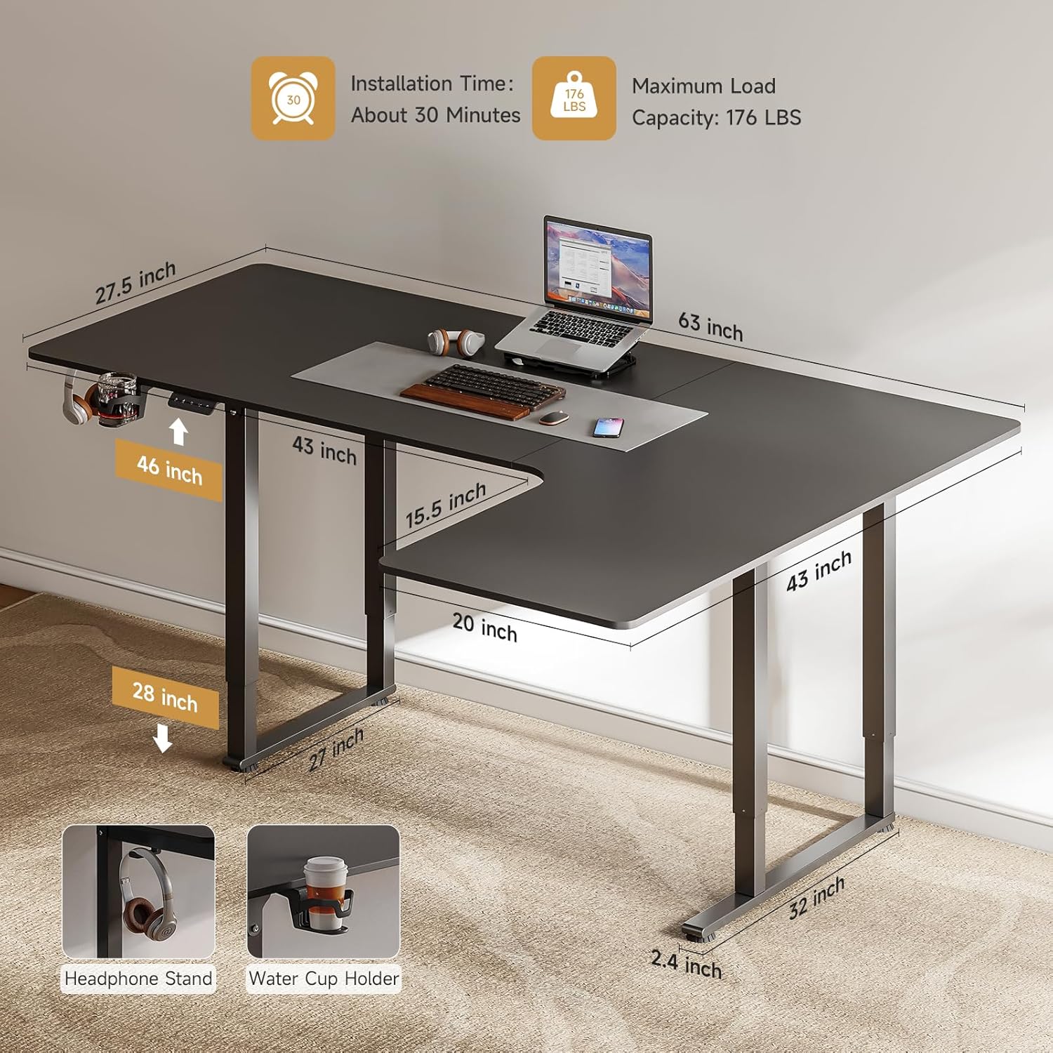 63x43 Inches L Shaped Electric Standing Desk Black K614