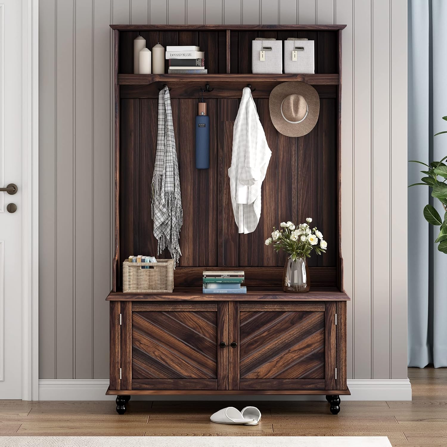 Brown 3-in-1 Hall Tree with 4 Hooks and Storage Bench L57875
