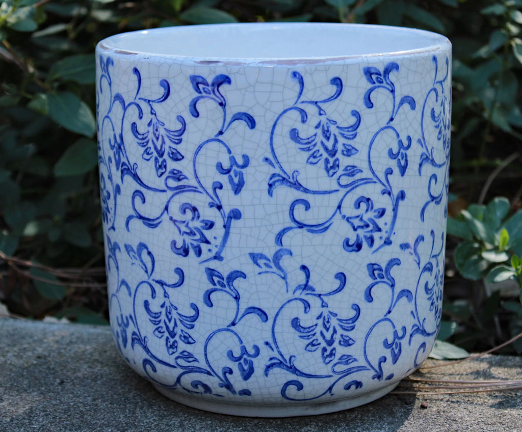 Blue and white ceramic cylindrical garden pot or planter J838221