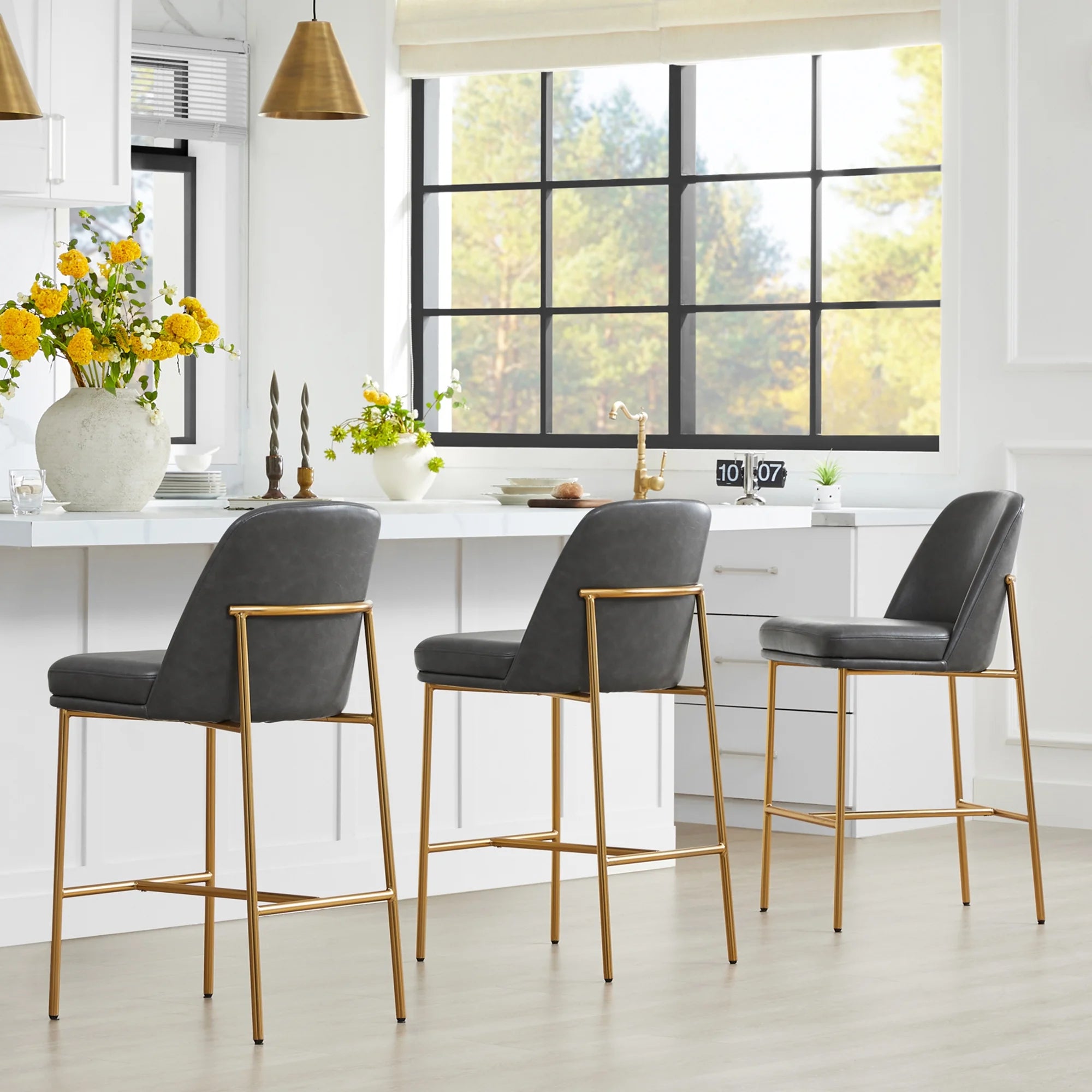 27 inch Faux Leather Counter Height Bar Stool Set of 2 with Back & Metal Legs U532728